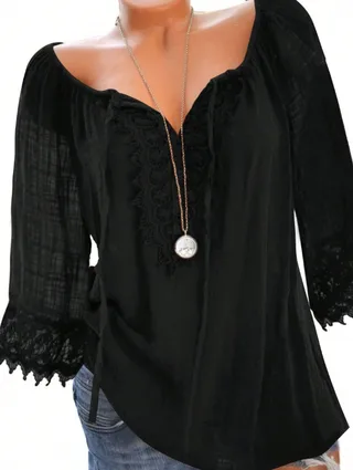 Ladies' Lace Long-sleeved Top - Black