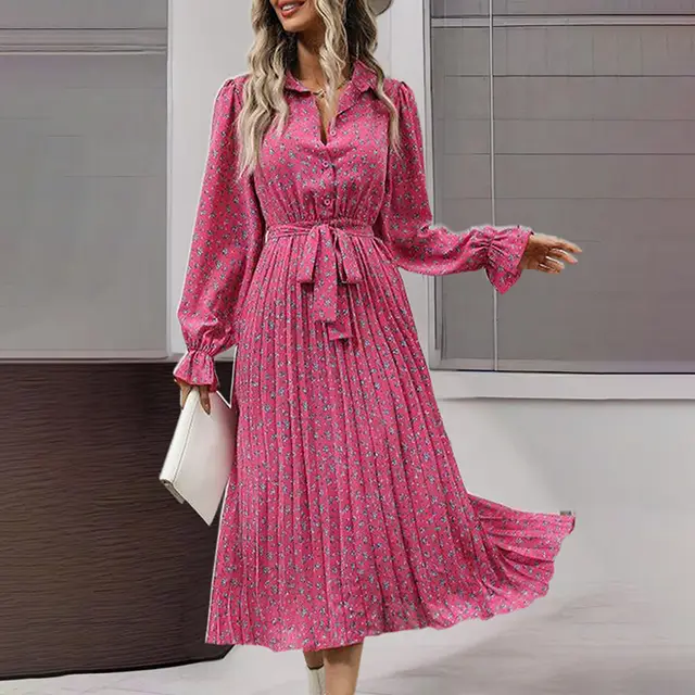 Women's Long Sleeve V Neck Button Down Belted A Line Flowy Midi Shirt Dress Rose Red - Shop at LoveMi