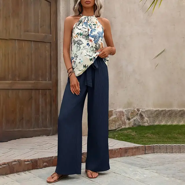 Women's Outfits Summer Casual Sleeveless Halter Neck Crop Tops Wide Leg Pants Set Blue E - Shop at LoveMi