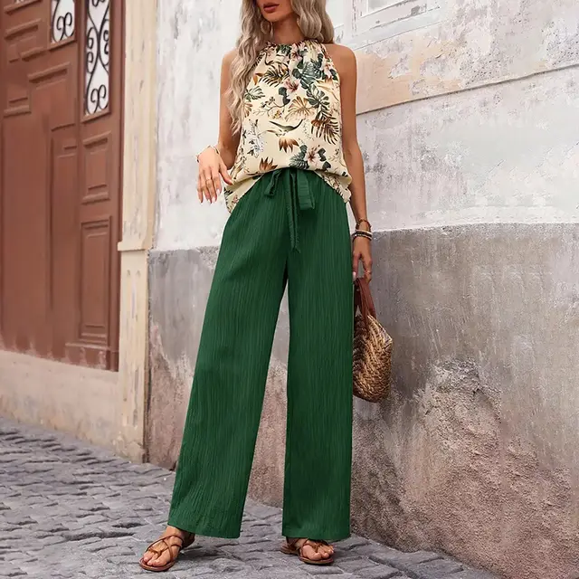 Women's Outfits Summer Casual Sleeveless Halter Neck Crop Tops Wide Leg Pants Set Green A - Shop at LoveMi