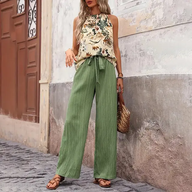 Women's Outfits Summer Casual Sleeveless Halter Neck Crop Tops Wide Leg Pants Set Green C - Shop at LoveMi