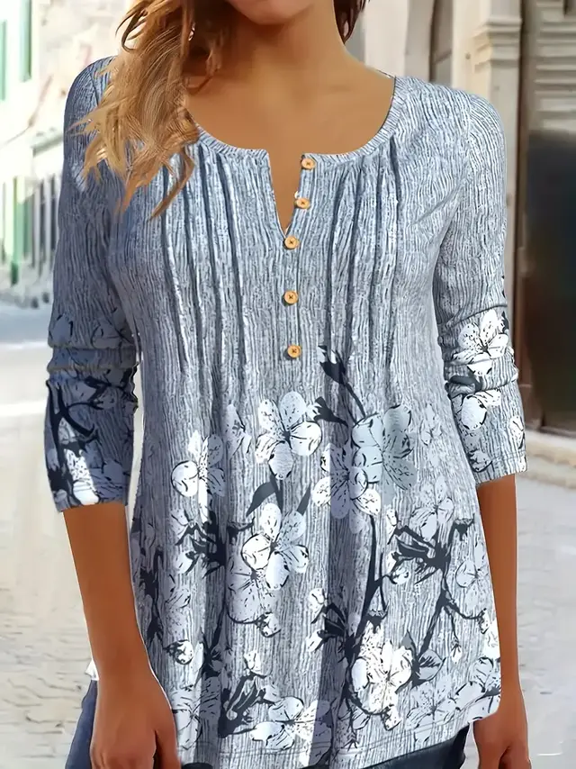 Spring And Autumn Casual Print Spike Button Crew Neck Long Sleeve T shirt - Shop at LoveMi