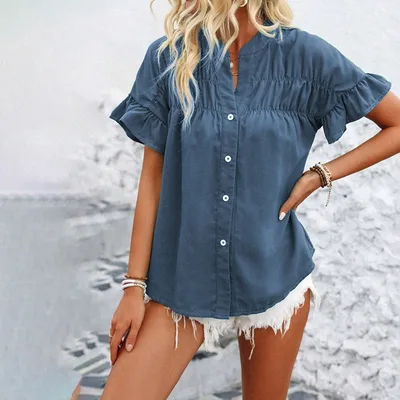 Women's Summer Casual Shirt Button Front, Pleated Design With Lace Trim, Solid Color Top Light Blue - Shop at LoveMi