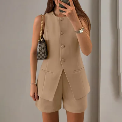 Women's Summer Short Sets Sleeveless Crew Neck Suit Vest Tops High Waist Shorts Business Outfits Brown - Shop at LoveMi