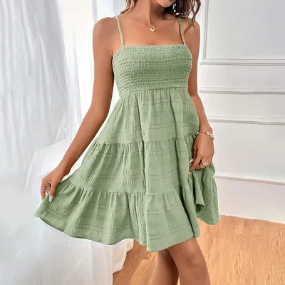 Women's Spaghetti Strap Sleeveless Smocked A Line Swing Mini Dress, Elegant Casual Summer Dress Cyan - Shop at LoveMi