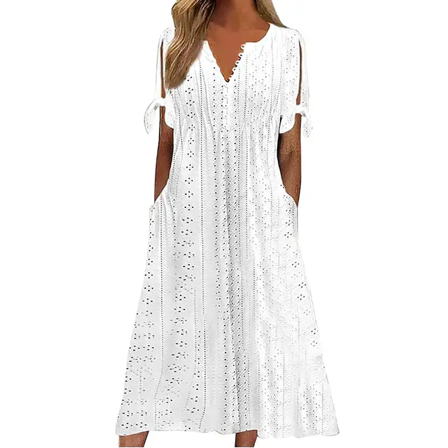 Women's Eyelet V Neck Maxi Dress Short Sleeve Flowy A Line Summer Beach Dress - Shop at LoveMi