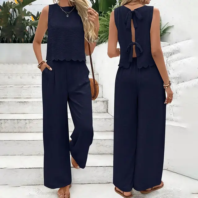 Women's Elegant 2 Piece Matching Set, Sleeveless Crop Top And Wide Leg Pants Outfits Navy Blue - Shop at LoveMi
