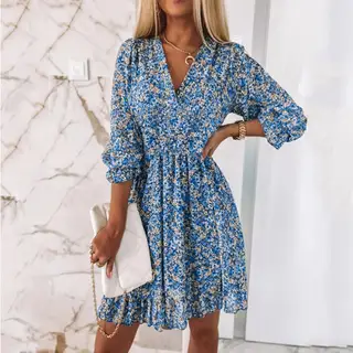 Womens Boho Floral Deep V Neck Smocked Elastic Waist Casual A-Line Swing Mini Dress Sundress - Blue