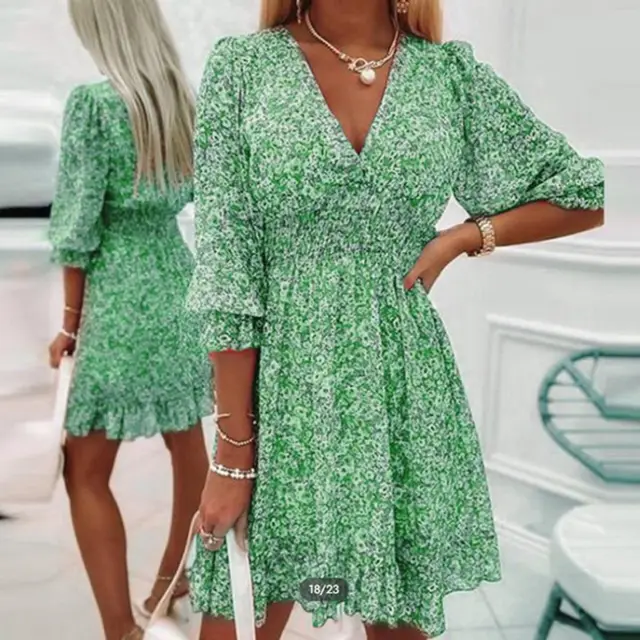Womens Boho Floral Deep V Neck Smocked Elastic Waist Casual A Line Swing Mini Dress Sundress Green - Shop at LoveMi