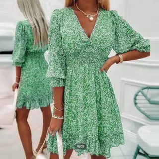 Womens Boho Floral Deep V Neck Smocked Elastic Waist Casual A-Line Swing Mini Dress Sundress - Green