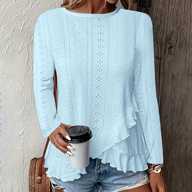 Women Eyelet Long Sleeve Tops Shirts Dressy Casual Crew Neck Ruffle Hem Blouses Sky Blue - Shop at LoveMi