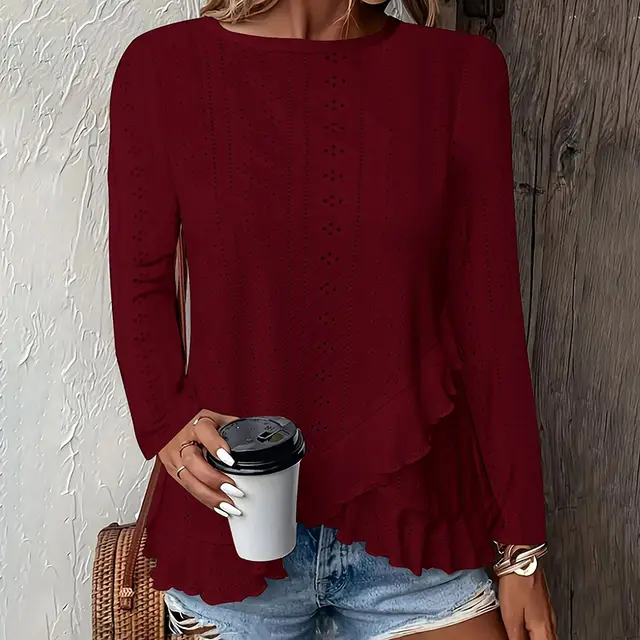 Women Eyelet Long Sleeve Tops Shirts Dressy Casual Crew Neck Ruffle Hem Blouses Wine Red - Shop at LoveMi
