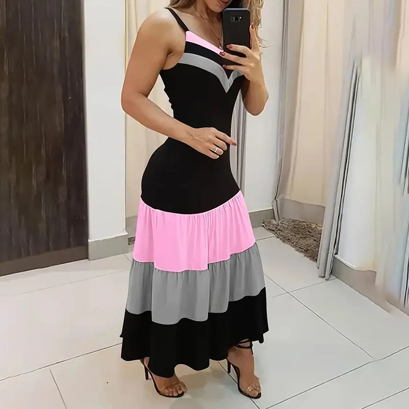 Women's Summer Casual Sleeveless V Neck Color Block Spaghetti Strap Maxi Long Dress - Pink