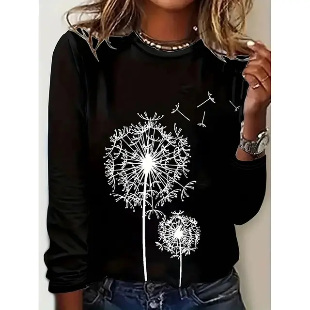Women's Floral Print Crewneck Casual Long Sleeve T Shirt Pullover Graphic Tee Black - Shop at LoveMi