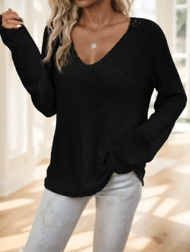 Women'S Elegant V Neck Long Sleeve T Shirt With Contrast Lace Detail Black - Shop at LoveMi