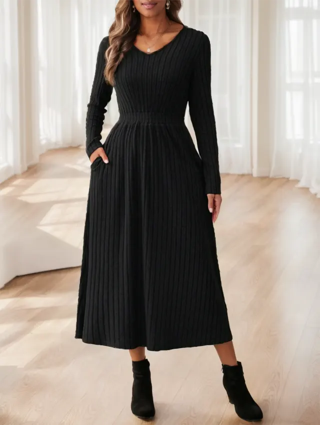 Women's Fall Solid Color Casual Long Sleeve Midi Dress With Belt Decoration Black - Shop at LoveMi