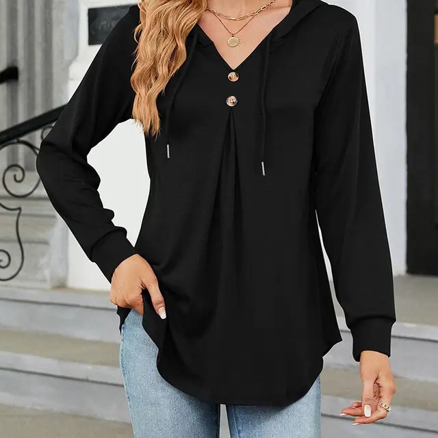 Women's Long Sleeve Hooded Tunic Tops Button Swing Pullover Hoodie Sweatshirts Black - Shop at LoveMi