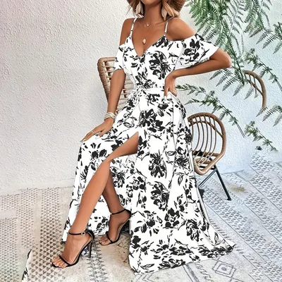 Women's Floral Maxi Dress Cold Shoulder Split Belted A Line Long Summer Dress White - Shop at LoveMi