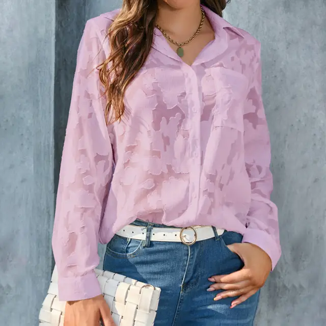 Womens Casual Sheer Button Down Shirts Long Sleeve V Neck Jacquard Blouses Tops Purple - Shop at LoveMi