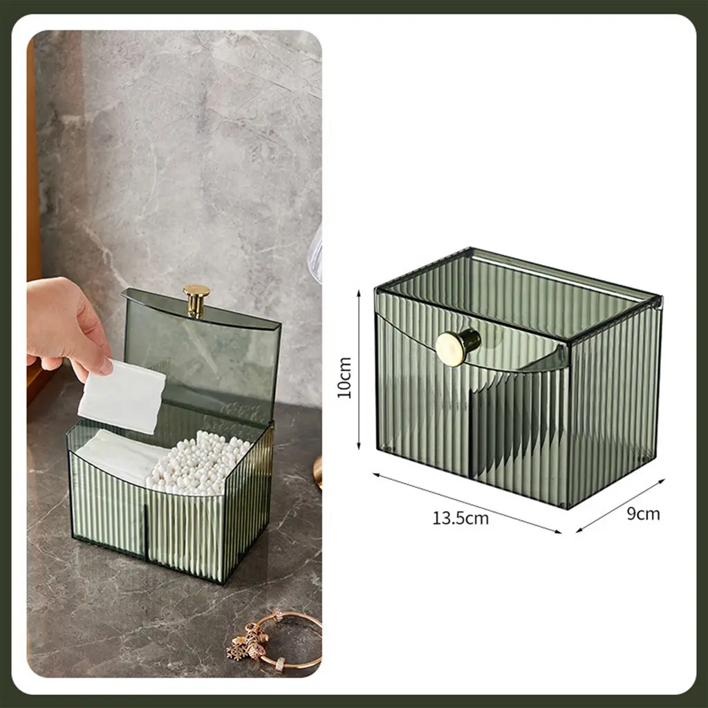 2-Grid Cotton Swab Holder Dispenser With Lid Clear Bathroom Organiser For Qtips, Pads & Cosmetic Storage 2 Colours - Green