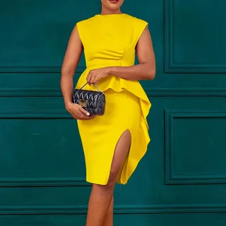 Women's Elegant Ruffle Sleeveless Bodycon Formal Party Cocktail Pencil Midi Dress - Yellow