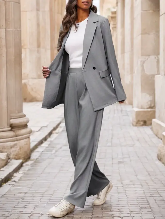 Ladies' Notched Collar Double Button Blazer And Pants Set Grey - Shop at LoveMi