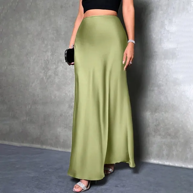 Women's Elegant Satin High Waist Flared Midi Skirt Cocktail Party Wedding Long Skirt Green - Shop at LoveMi