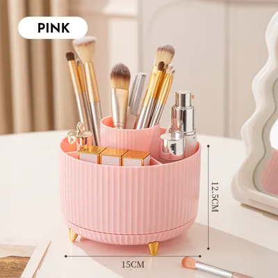 360 Rotating Makeup Brush Holder & Organizer Countertop Storage For Cosmetics & Skincare 8 Colors Pink - Shop at LoveMi