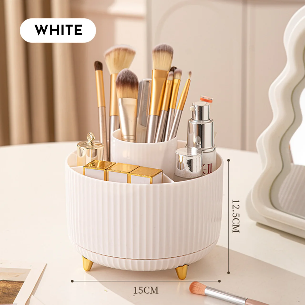 360 Rotating Makeup Brush Holder & Organizer Countertop Storage For Cosmetics & Skincare 8 Colors - White