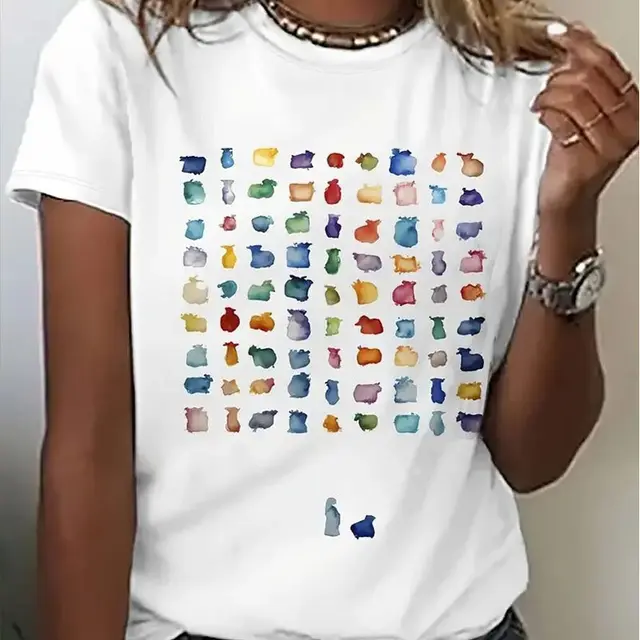 Women's Colorful Puzzle Print T Shirt White Crew Neck Short Sleeve Top White - Shop at LoveMi