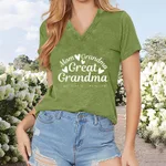 Women's V-Neck T-Shirt 'Mom Grandma Great-Grandma' Letter Print Casual Summer Top - Green