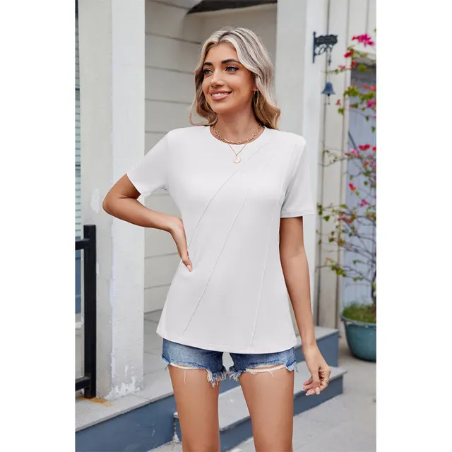 Women's Pleated Blouse Short Sleeve Crew Neck Top Business Casual Loose Fit Shirt White - Shop at LoveMi