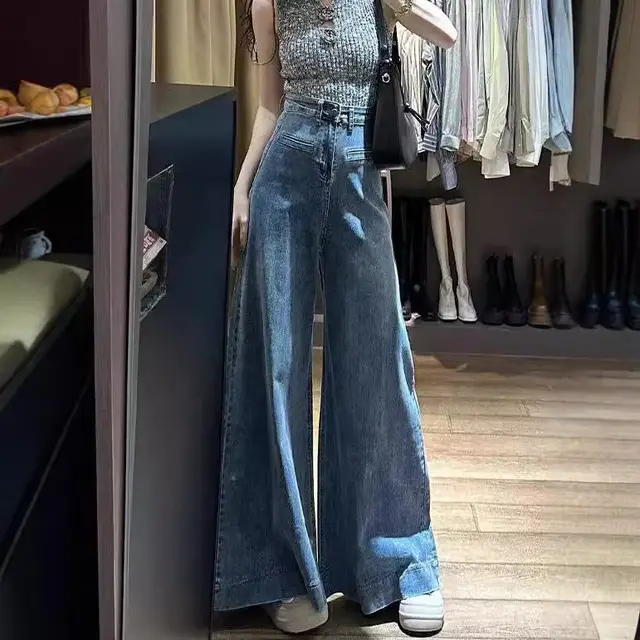 Retro Blue High Waist Loose Slim Floor length Jeans For Women American High Street Drape Versatile Wide leg Pants Blue - Shop at LoveMi