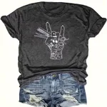 Women's Hand & Floral Print Crew Neck T-shirt, Casual Short Sleeve Top For Spring & Summer - Gray