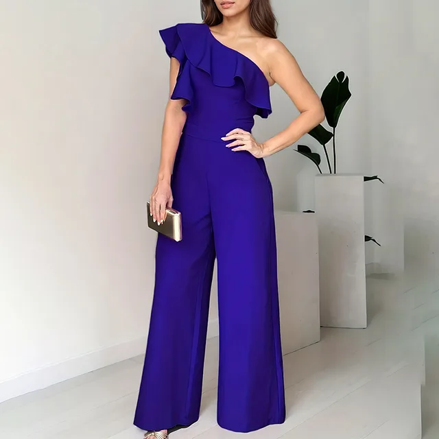 Women Summer Dressy Jumpsuits Sleeveless Ruffle One Shoulder Casual Wide Leg Pants Romper Blue - Shop at LoveMi
