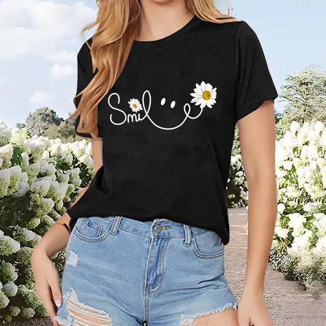 Women'S Casual Crew Neck T Shirt With 'Smile' Letter Print & Sunflower Graphic Summer For Top Black - Shop at LoveMi