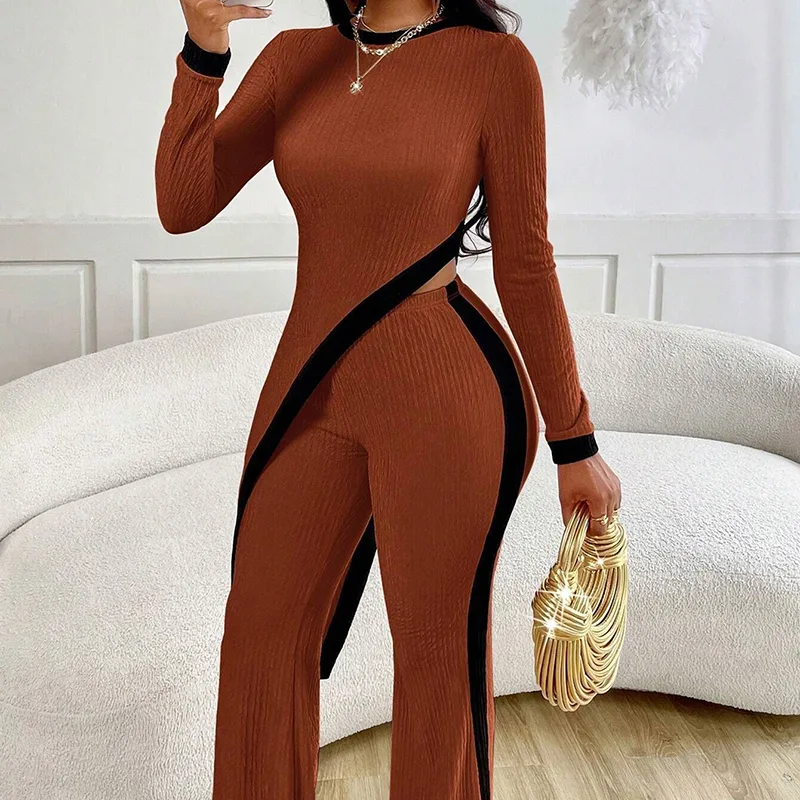 Women's Outfit Sexy Asymmetrical Hem Long Sleeve Top And Wide Leg Pants Sets Elegant Vacation Going Out Suit - Brown - View 1