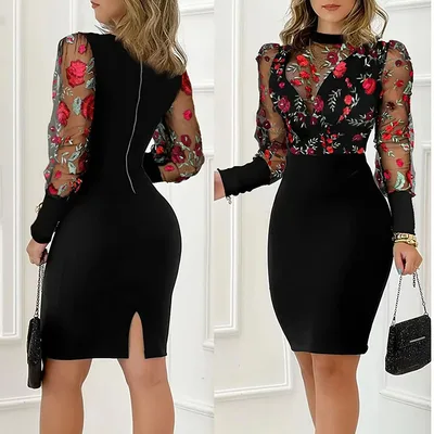 Women's Sexy Bodycon Midi Dress Mock Neck Long Sleeve Sheer Dresses Night Club Party Dresses Black - Shop at LoveMi