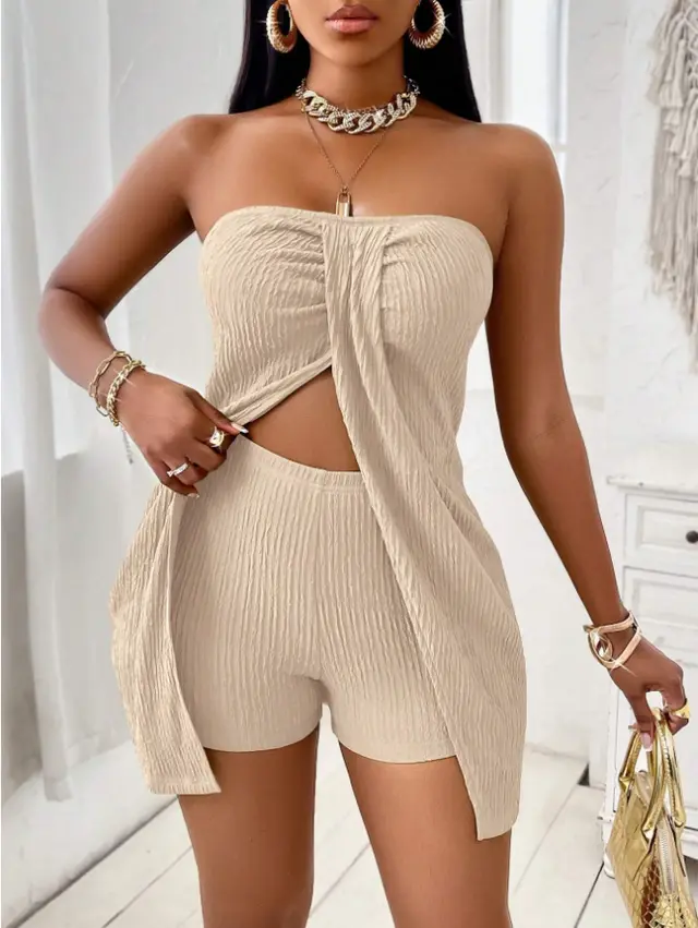 Solid Color Twisted Front Split Green Strapless Top And Shorts Set Apricot - Shop at LoveMi