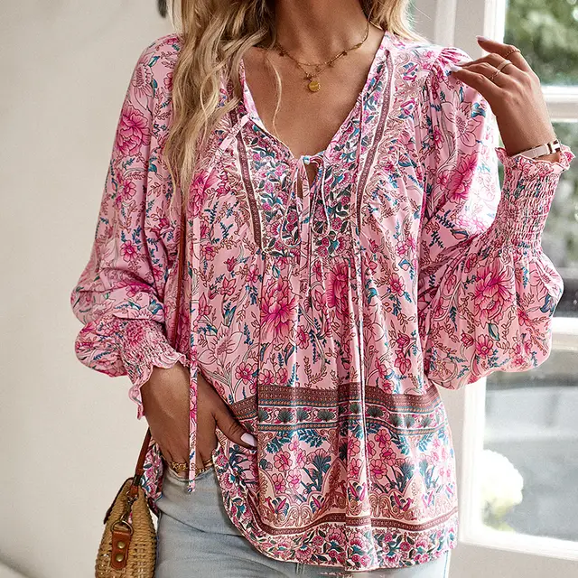 Wpmens Boho Chic Long Sleeve Blouse Floral Print V Neck Top With Lace Up & Drawstring Detail Elegant Vacation Shirt Pink - Shop at LoveMi
