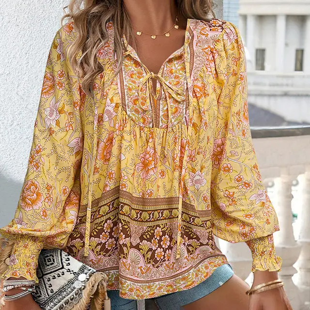 Wpmens Boho Chic Long Sleeve Blouse Floral Print V Neck Top With Lace Up & Drawstring Detail Elegant Vacation Shirt Yellow - Shop at LoveMi