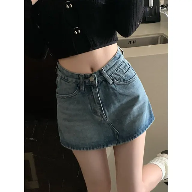 Retro Denim Skirt Women's Pants Skirt High Waist Slim Short Skirt Blue - Shop at LoveMi