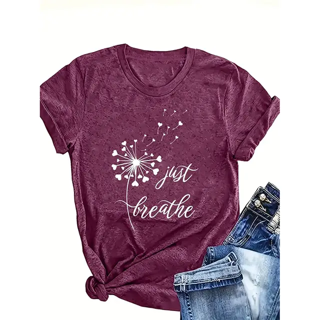 Just Breathe Dandelion T Shirt For Women Funny Cute V Neck Shirt Tops Fuchsia - Shop at LoveMi
