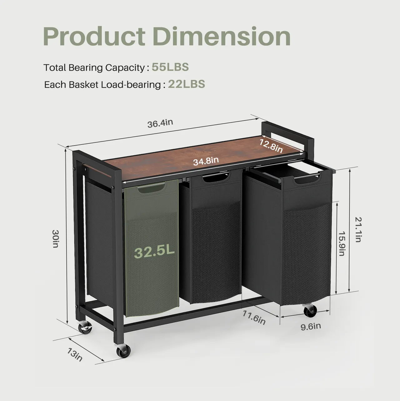 Laundry Hamper With 3 Pull-Out Removable Laundry Bags Clothing Sorter With Shelf And Wheels Adjustable Feet, 8.6 Gallons - 3Baskets