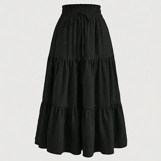 Women's Solid Color High Waist Knot Detail Flowy Pleated Midi Skirt Elegant A Line Skirt For Spring Summer Black - Shop at LoveMi
