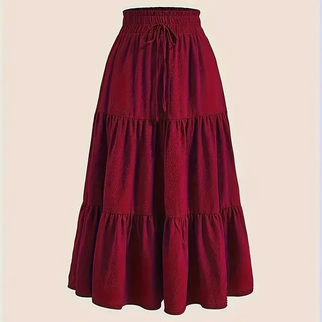 Women's Solid Color High Waist Knot Detail Flowy Pleated Midi Skirt Elegant A Line Skirt For Spring Summer Wine Red - Shop at LoveMi