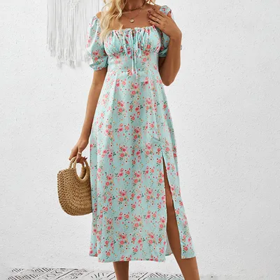 Women's Square Neck Floral Print Dress With Puff Sleeves & Side Slit Elegant Spring Summer Boho Maxi Dress Blue - Shop at LoveMi