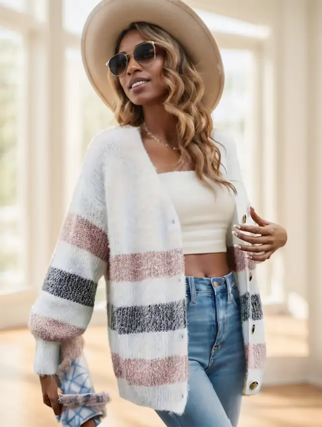 Women's French Stripe Cardigan Pink - Shop at LoveMi