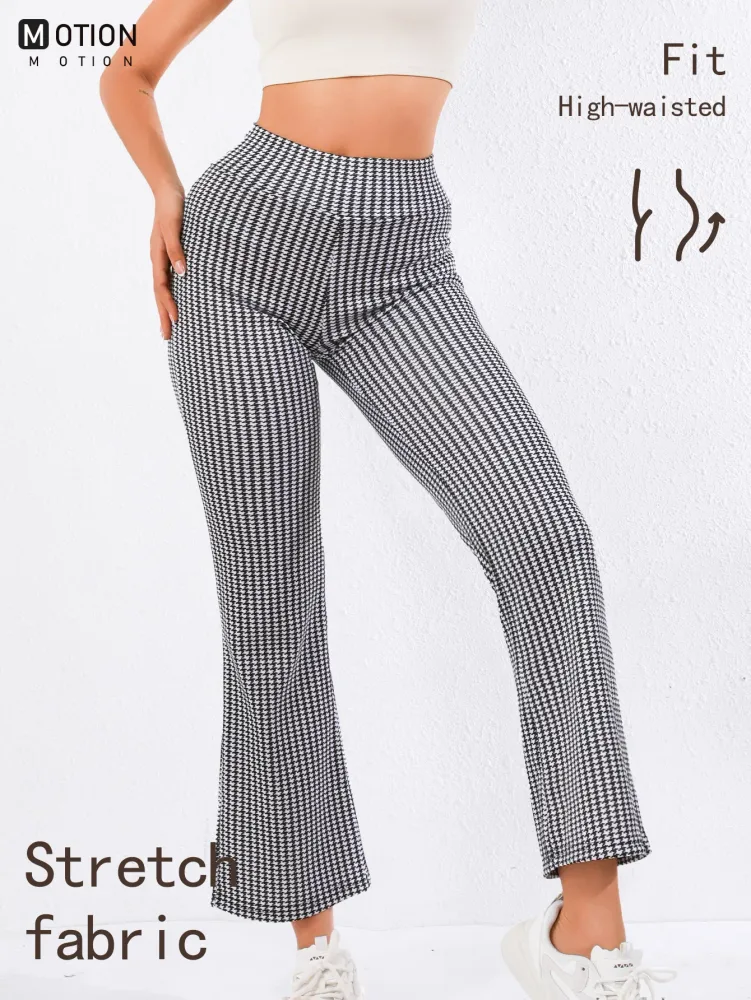 High Waisted Houndstooth Flare Trousers Sleek Fit, Comfy Stretch, Classy Look White - Shop at LoveMi