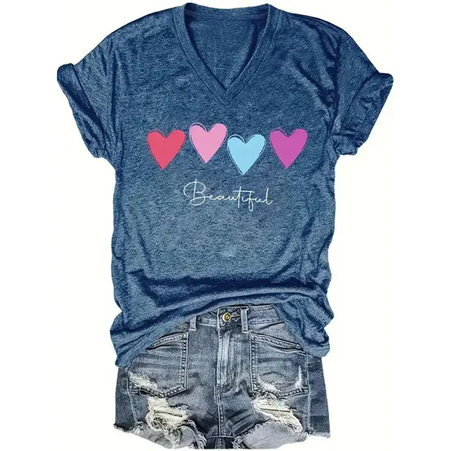 Women'S V Neck Short Sleeves Featuring Four Colorful Heart & Line Prints Casual Summer T Shirt Dark Blue - Shop at LoveMi